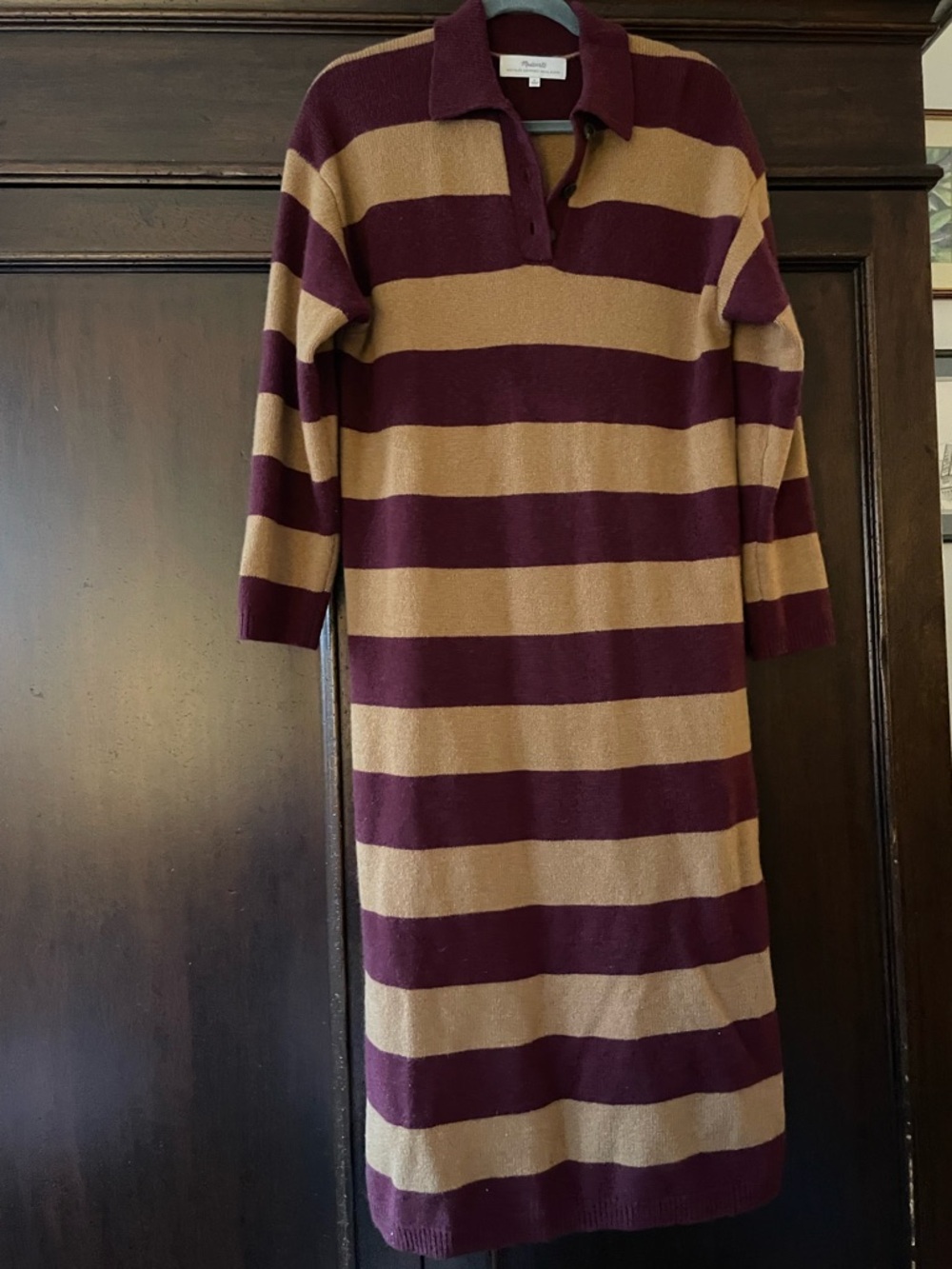 Madewell Cashmere Burgundy and Tan Striped Polo Knit Dress